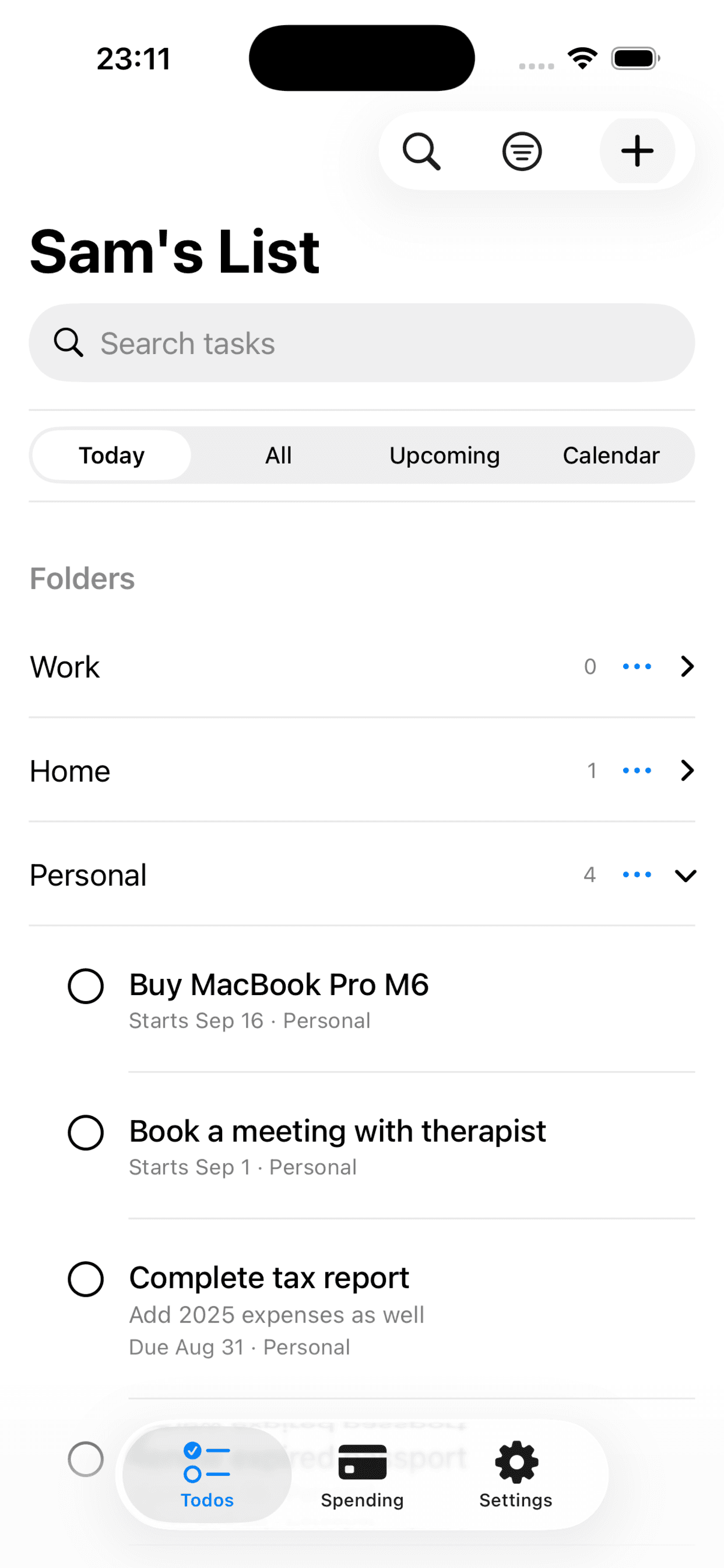 Sam’s List showing the Today view and expanded Personal folder